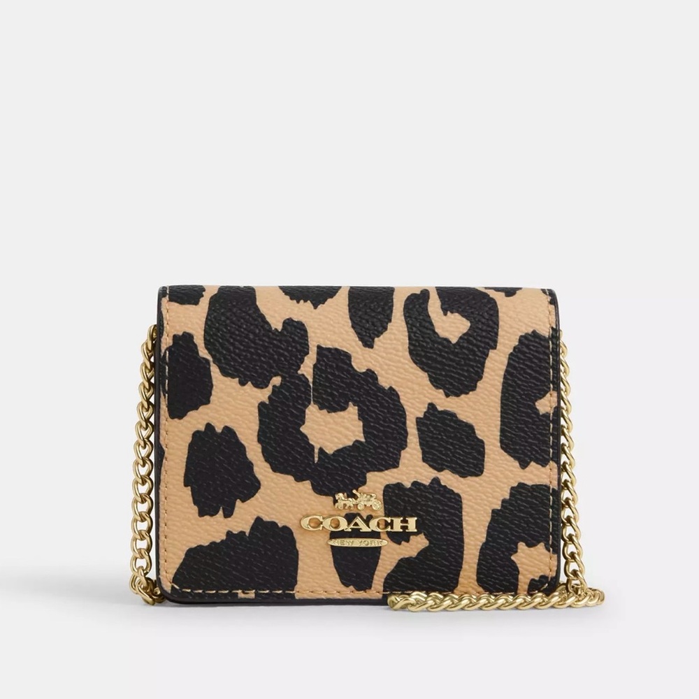 Coach Leopard Print Mini Crossbody in Beige and Black with Gold Chain